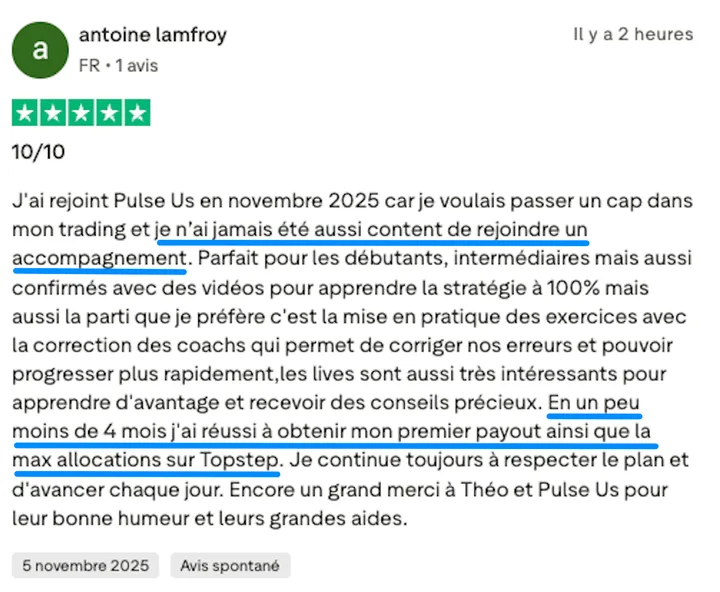 Avis Trustpilot de Antoine Lamfroy sur Pulse-US